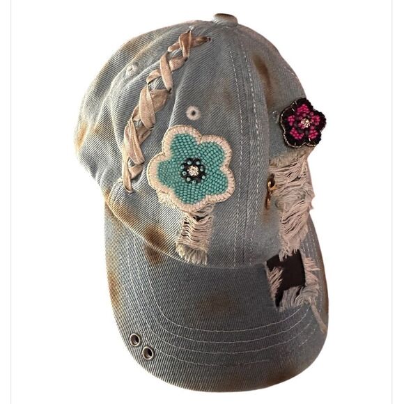 "Fancy" Distressed Baseball Cap, Handmade by A Rare Bird - Picture 3 of 3